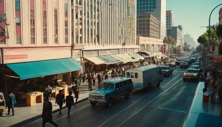  high angle camera view from above people walking in a pedestrian street in a megacity at morning time, in the heart of the The dysoptian futuristic megacity there are street vendors a different people walking in futuristic clothes. Different buildings cov...