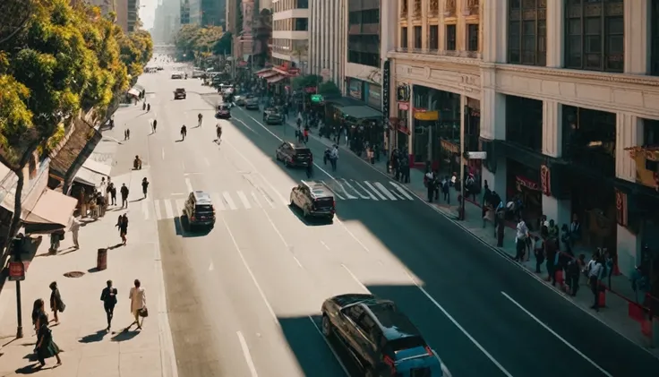  high angle camera view from above people walking in a pedestrian street in a megacity at morning time, in the heart of the The dysoptian futuristic megacity there are street vendors a different people walking in futuristic clothes. Different buildings cov...