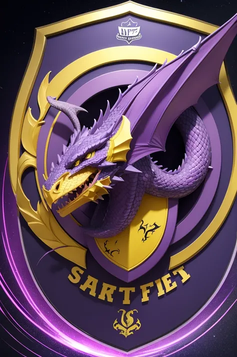 Create a football team shield with purple colors, yellow and gray. With a dragon in the middle. 