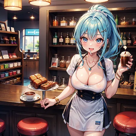 Anime Moe Art Style,Highest quality,High resolution,Anatomically correct,One Girl,Mid-teens,A girl with light blue hair in a ponytail,Super detailed,Fantasy World,Big Breasts,Shiny skin,Beautiful Skin,A rich expression,Laughing with your mouth open,Coffee ...