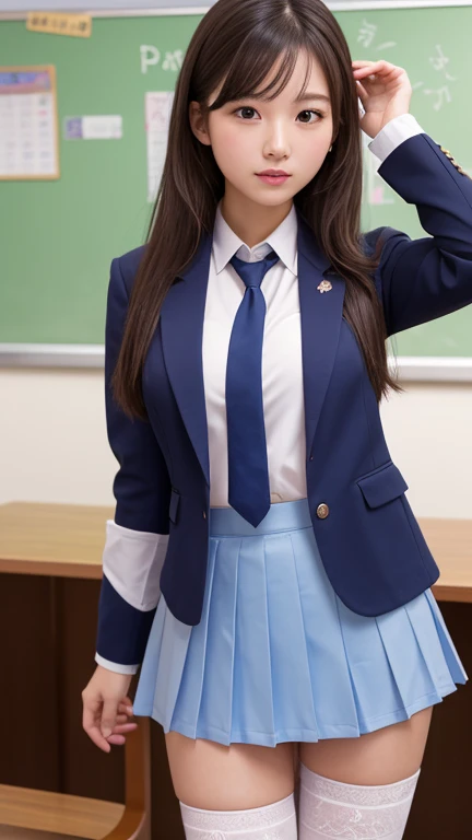 Ultra-high resolution，RAW Photos，Professional Lighting，16K quality，Very detailedな肌と顔の質感，One girl lifts her skirt to show off her panties，Blue blazer uniform and tie，Blue pleated mini skirt，white thigh high stockings，セクシーなShowing panties，Raise the skirt wit...