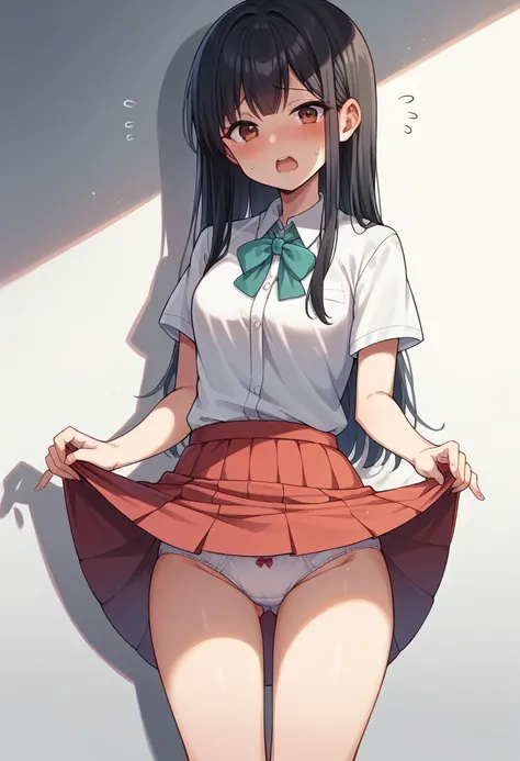 Highest quality,One girl in, skirt, One girl, underwear, , panties, プリーツskirt, Black Hair, Hips, Lifting clothes, The eyes are brown, 青いskirt, pure gaze, 白のshirt, shirt, Long Hair, Short sleeve, , ミニskirt, Lifted it himself, Open your mouth, Shadow, チェック柄s...