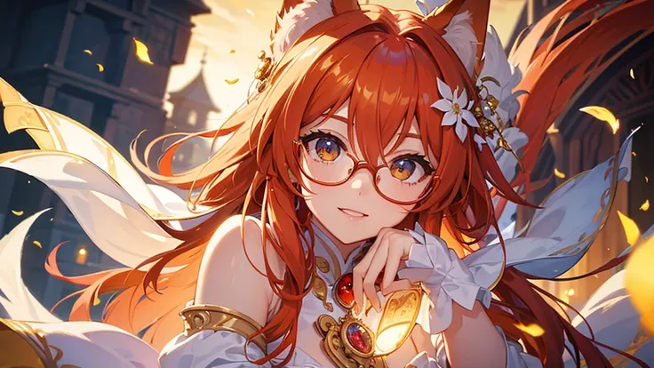 ((Best quality)), ((masterpiece)), (detailed), best quality，8K，original photo，This is a perfect face，Red Fox Maiden，touch fox，Castle Background， Liveliness. Carefree happy joy bokeh background. Quiet aesthetics. Soft lighting. Artistic Lighting. Gold frame...