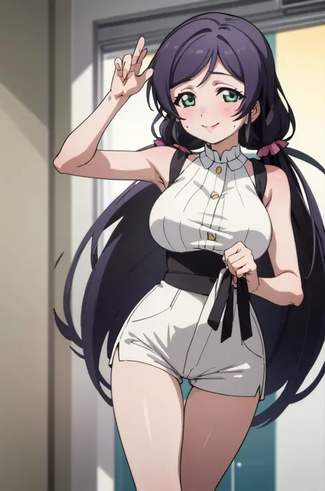 (masterpiece, best quality), 1girl,    nozomi toujou,huge breasts,sexy ,,sweating,sleeveless,looking viewer,smile,,,bare legs,high waist shorts,thigh gap,(nsfw)