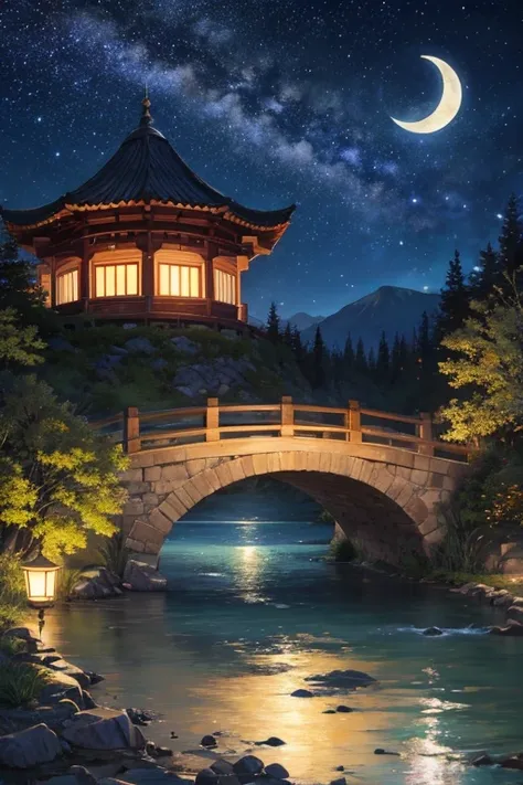 Highest quality、Landscape painting、nature、night景、night、moon、Starry Sky