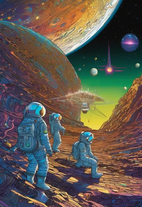 prompt:Five astronauts discovering a stone computer on an asteroid, with the code of our universe written on it (astroprojection:1.2), (neon reflections:1.2), (wide-angle lens:1.3), art inspired by Alex Grey and Syd Mead, (hyper detailed:1.1) aspect:3:2 st...