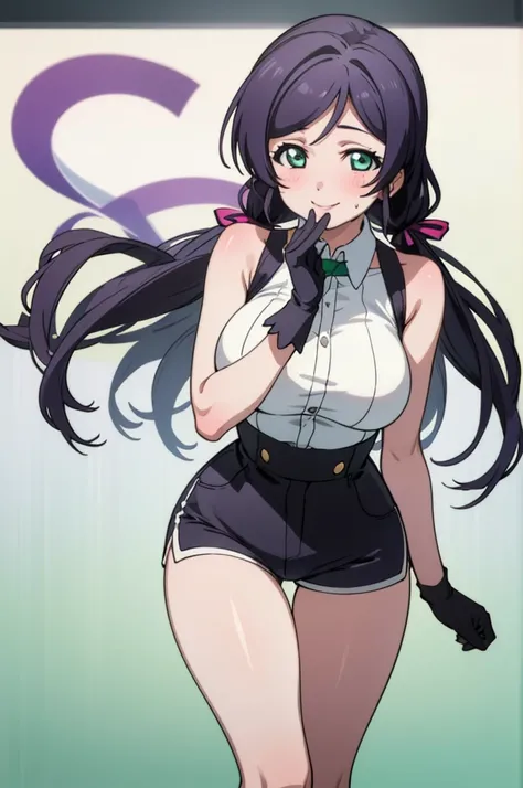 (masterpiece, best quality), 1girl,    nozomi toujou,huge breasts,sexy ,,sweating,sleeveless,looking viewer,smile,,,bare legs,high waist shorts,thigh gap,black glove