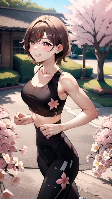 masterpiece,best quality,highres,ultra-detailed,aamadoka,(mole under eye:0.8),short hair,bangs,hairclip,sports bra,(leggings:1.2),outdoors,cherry blossoms,smile,sweat,running,