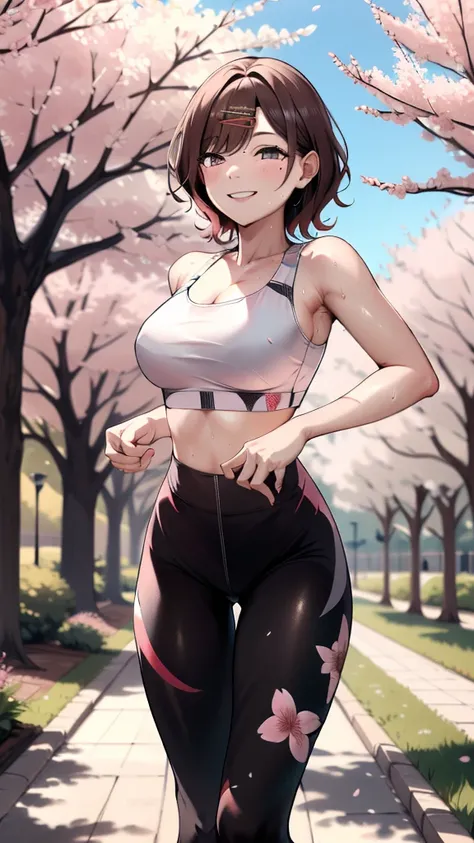 masterpiece,best quality,highres,ultra-detailed,aamadoka,(mole under eye:0.8),short hair,bangs,hairclip,sports bra,(leggings:1.2),outdoors,cherry blossoms,smile,sweat,running,