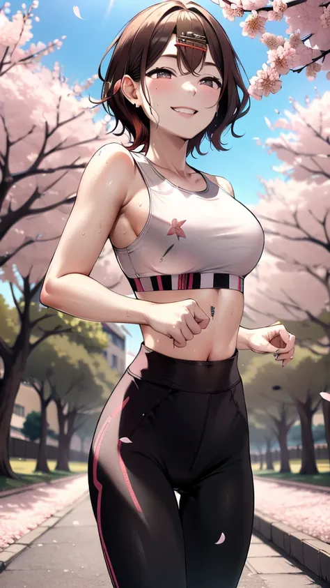 masterpiece,best quality,highres,ultra-detailed,aamadoka,(mole under eye:0.8),short hair,bangs,hairclip,sports bra,(leggings:1.2),outdoors,cherry blossoms,smile,sweat,running,