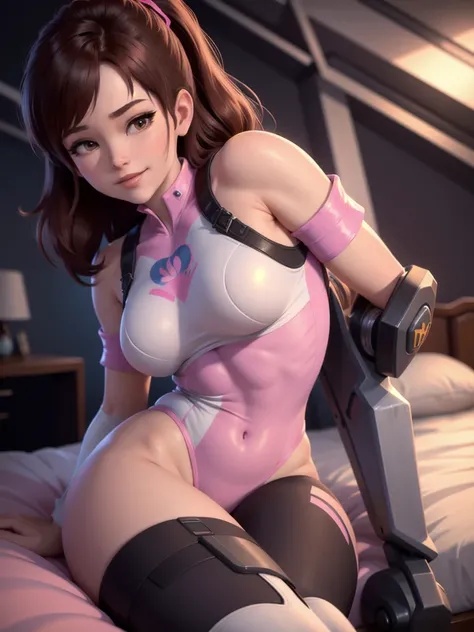 DVA from Overwatch without her mech, a woman with short brown hair in a ponytail,she sits with her legs spread, high quality refelctions, volumetric lighting, she is wearing her classic thin tight figure hugging soft pink white and blue full bodysuit, in h...