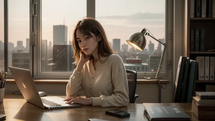 a freelancer working in the office, woman sitting at desk, laptop computer, coffee mug, books, papers, lamp, window view of city skyline, natural lighting, warm color tones, photorealistic, highly detailed, cinematic, 8k, masterpiece