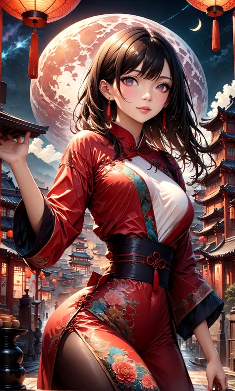 A fantastic view of Chinatown,赤い提灯の温かいLight,Modern and historic,Fantastic and dreamy landscape,Light,There is a woman in Chinese clothing in the landscape.,She is charming and beautiful、It&#39;s like a symbol of Shanghai at night.,Realistic skin texture,Ph...