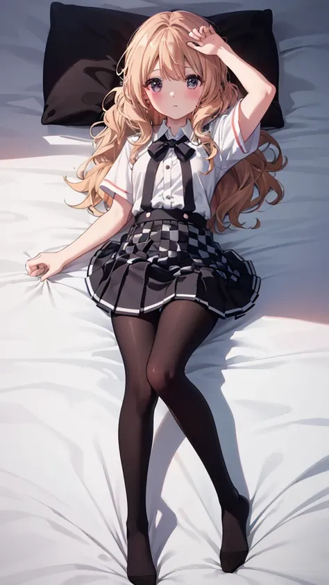 (8K、Best image quality、Highest quality、masterpiece)、One tall girl、((whole body))、M-shaped legs spread in bed、White panties are visible、Long Hair、Wavy Hair、blush、Medium Bust、White collared shirt、Short sleeve、((Checkered pleated mini skirt))、((black tights))...