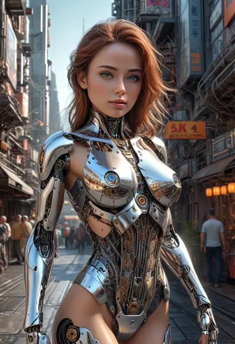 a beautiful woman-robot standing in a futuristic city backdrop, detailed intricate mechanical parts seamlessly blended with a sl...