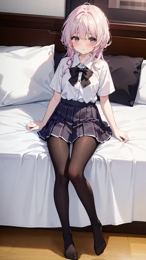 (8K、Best image quality、Highest quality、masterpiece)、One tall girl、((whole body))、M-shaped legs spread in bed、White panties are visible、Long Hair、Wavy Hair、blush、Medium Bust、White collared shirt、Short sleeve、((Checkered pleated mini skirt))、((black tights))...