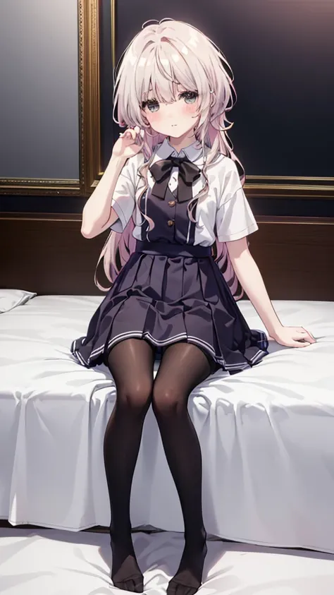 (8K、Best image quality、Highest quality、masterpiece)、One tall girl、((whole body))、M-shaped legs spread in bed、White panties are visible、Long Hair、Wavy Hair、blush、Medium Bust、White collared shirt、Short sleeve、((Checkered pleated mini skirt))、((black tights))...