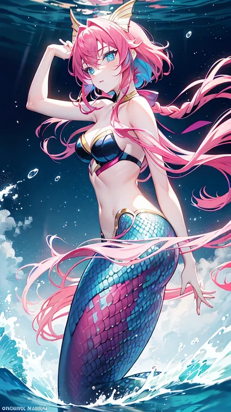 Mermaid, dark skinner, coral pink tail with yellow accents , dynamic posing, in the sea, blue and pink hair, braided, blue eyes, masterpiece, beautiful lighting