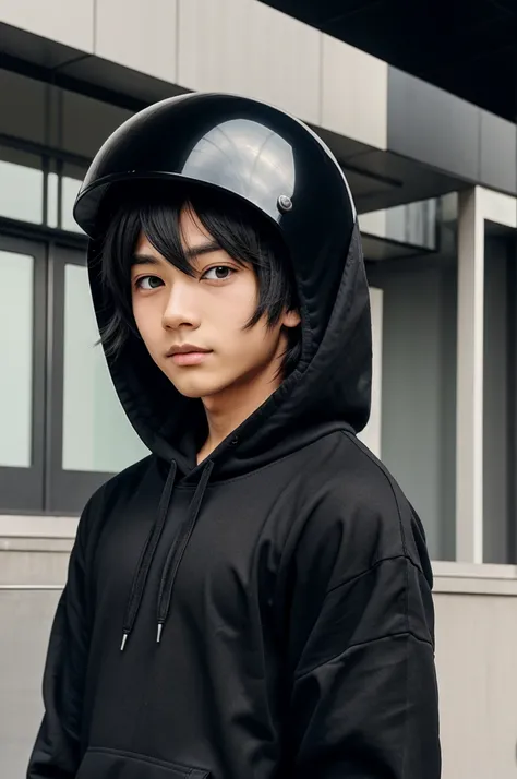 A anime boy wearing helmet and black hoodie 