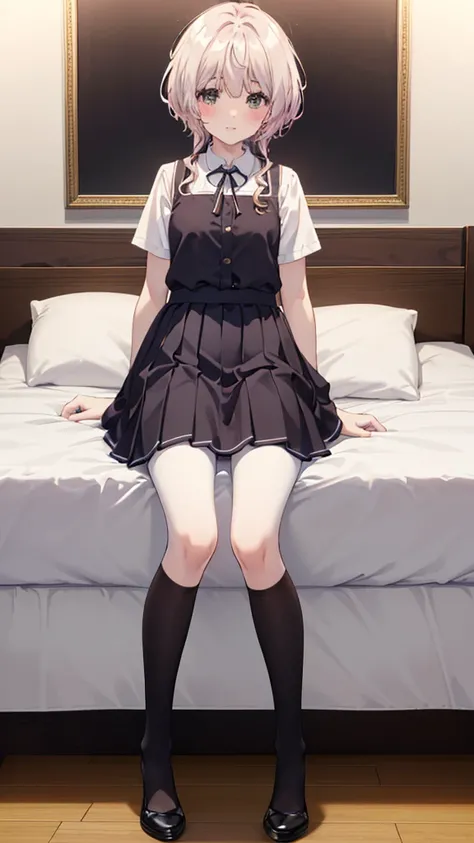 (8K、Best image quality、Highest quality、masterpiece)、One tall girl、((whole body))、M-shaped legs spread in bed、White panties are visible、Wavy Hair、blush、Medium Bust、White collared shirt、Short sleeve、((Checkered pleated mini skirt))、((black tights))、Black Pan...