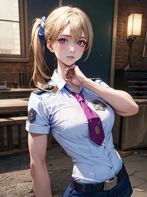 (((perfect anatomy, super detailed skin))), 1 girl, japanese, police girl, shiny skin, large breasts:0.5, looking away, looking up, watching the view, 
beautiful hair, beautiful face, beautiful detailed eyes, (long hair:1.5, side ponytail:1.7), blond hair,...