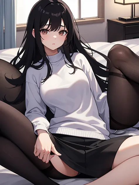 Spread your legs、girl、Home、night、On the bed、Short black skirt、Black Pantyhose、White sweater、Long, dark hair、Not wearing pants、Female organ、Brown eyes