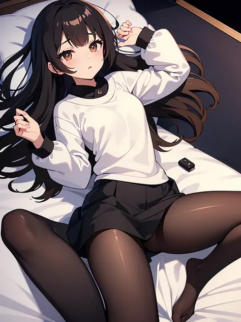 Spread your legs、girl、Home、night、On the bed、Short black skirt、Black Pantyhose、White sweater、Long, dark hair、Not wearing pants、Female organ、Brown eyes