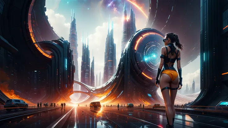 Brightly colored abstract aerial view image of a (((((futuristic railway station))))) with a spiral, a (((futuristic all-glass train))) passing by, epic beautiful space sci-fi, chaotic cinematic space rift, Greg Beeple, planets colliding, Beeple and Tim Hi...