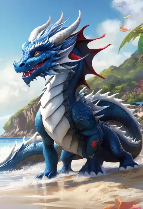 Sunlight，high resolution，4K，love，(((whole body:1.1)))，masterpiece，high quality，Brave and bold，((dragon))，male，(((seaside，Standing on the beach)))，dragonFurry，(youth)，hairy，((Handsome，Smiling Face，Long hair))，((peaceful，Moderate))，(((Well-proportioned body，...