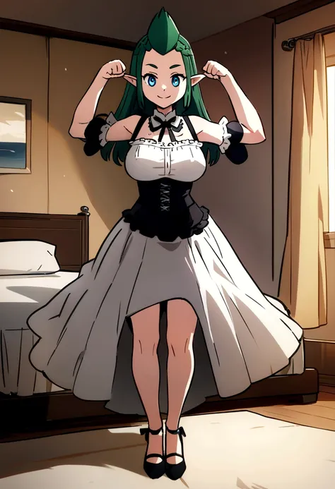 (full body image:1.5), (Princess Zelda, standing, alone:1.2) ,(big bust:1.5), (She is wearing a black maid outfit with a very short white skirt../Clothes that fit her body very well:1.3), (She&#39;s in front of the bed in the hotel room:1.3), She has (blue...