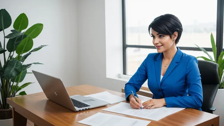 a freelance girl working in the office, corporate businessgirl, office interior, desk, computer, papers, coffee mug, happy expression, business attire, pencil skirt, blouse, high heels, short black hair, blue eyes, (best quality,8k,highres,masterpiece:1.2)...