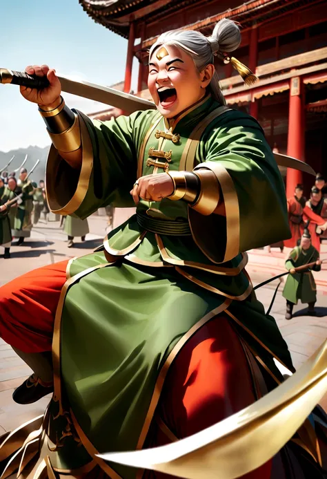 In China, He looks like Guan Yu，Wearing green clothes.Holding a long sword，Funny expression、Gold ring on forehead、Riding the Red Hare、Cartoon style，masterpiece、Photorealistic、High contrast