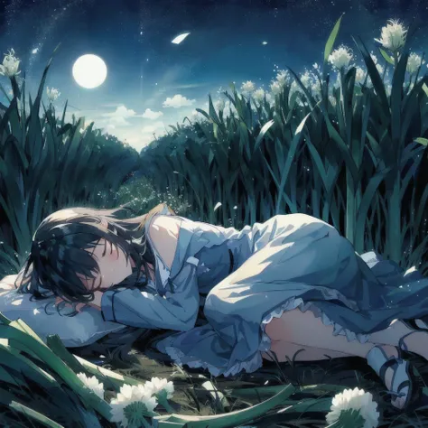 Anime girl sleeping on a blanket in a field of leeks, Spring onion,A white leek head has formed.,Nightcore, Anime Background, A dreamlike night, Anime Wallpaper, hd Anime Wallpaper, Anime Background art, 4K Manga Wallpapers, Anime Wallpaper, 4k Anime Wallp...