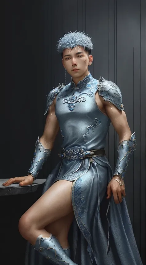 a close up of a young man in a silver and blue dress, chengwei pan on artstation, by Yang J, detailed fantasy art, stunning character art, fanart best artstation, epic exquisite character art, beautiful armor, extremely detailed artgerm, detailed digital a...