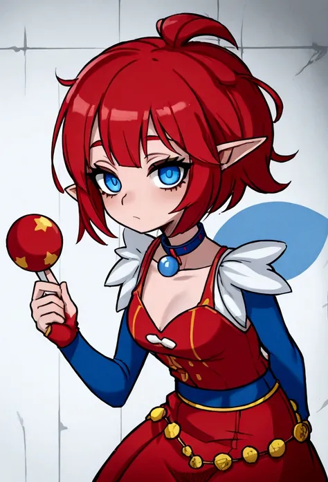 clown girl, Blue eyes, Red hair, Short haircut bob, collar, Elven ears, Clown outfit, clown makeover,