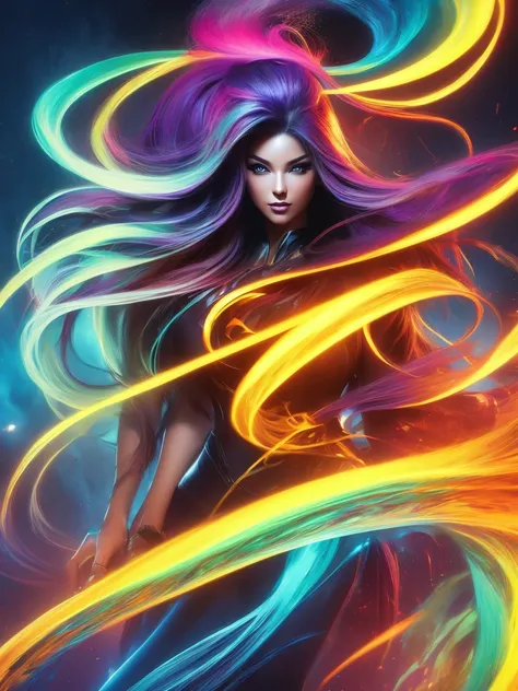 drawing of a woman with long, colorful hair. beautiful digital illustrations. stunning digital art. gorgeous digital art. a beau...