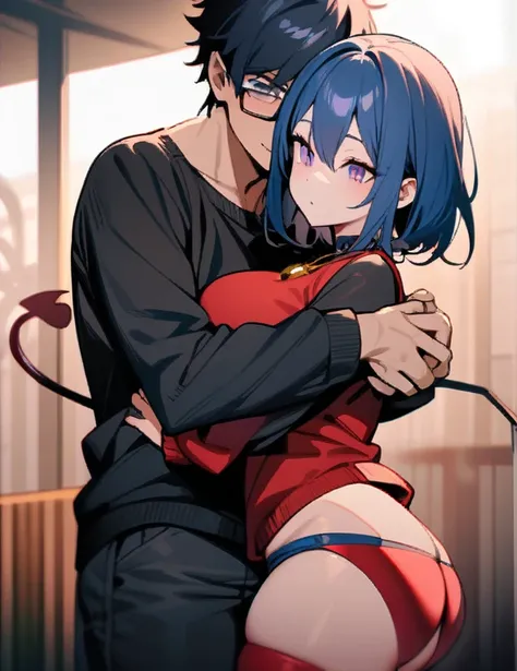 1 girl and 1 boy The girl: (masterpiece), best quality, expressive eyes, perfect hybrid succubus girl face, short girl, long cyan and blue hair, magenta eyes, glasses, happy, black sports top, red thigh - High stockings , demon tail, golden necklace with a...