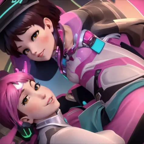 DVA from Overwatch without her mech, a woman with short brown hair in a ponytail,she sits with her legs spread, high quality refelctions, volumetric lighting, she is wearing her classic thin tight figure hugging soft pink white and blue full bodysuit, in h...