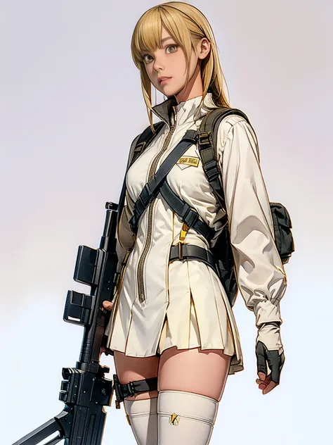  1girl, solo, skirt, blonde hair, simple background, thighhighs, gloves, white background, holding, , yellow eyes, weapon, teeth, holding weapon, gun, sharp teeth, holding gun, rifle, assault rifle, holster, trigger discipline, thigh holster, scope, holste...