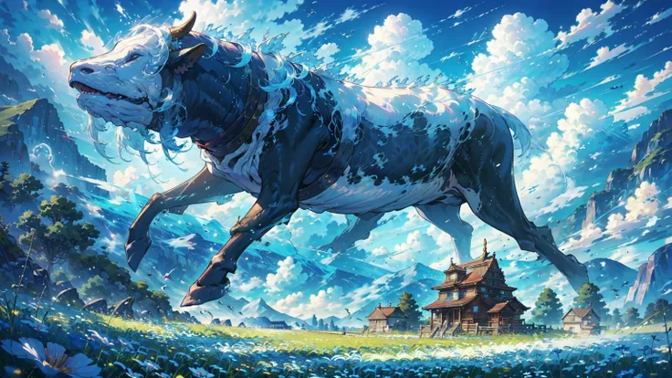 leviathan dancing in the blue sky,vision,calm day, detailed clouds, field, grazing cows, flower, a house far away, fence, wood,w...