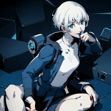 masterpiece, ((best quality)),((1 girl)), blue eyes, Short hair, black lipstick, white hair, female , tomboy Pixie haircut, deep blue suit, white hair, white hair,smiling,hacker,in the,dark room,sitting,looking monitor,cute,blue background
