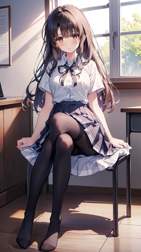 (8K、Best image quality、Highest quality、masterpiece)、One tall girl、((Full body))、Sitting on the floor、White panties are visible、Long Hair、Wavy Hair、blush、Moderate bust、White collared shirt、Short sleeve、((Plaid pleated mini skirt))、Classroom Background、((bla...