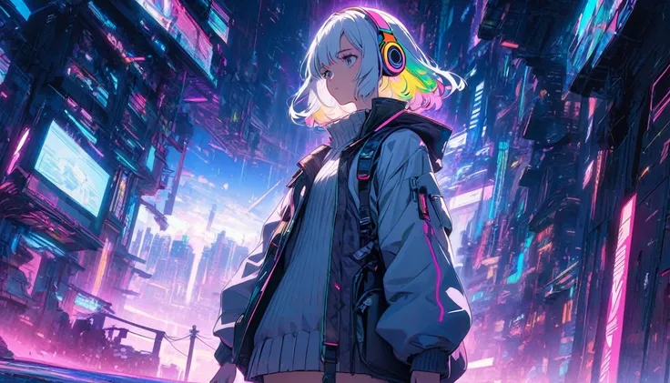 Handsome cute, Solitary, 1 female, Medium Length Hair, white hair, Rainbow hair, sleepy Eyes, Rainbow headphone, knit dress, Futuristic, Cyberpunk, Cybernetics panoramic, back ground emotional, world, looking away, Point to the umbrella and let the cat in,