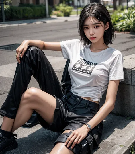 whole body, photorealistic, delicate facial features, medium tits, medium hair, black hair, tearful mole, earring, t-shirt, cargo pants, shorts, wet,