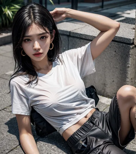 whole body, photorealistic, delicate facial features, medium tits, medium hair, black hair, tearful mole, earring, t-shirt, cargo pants, shorts, wet,