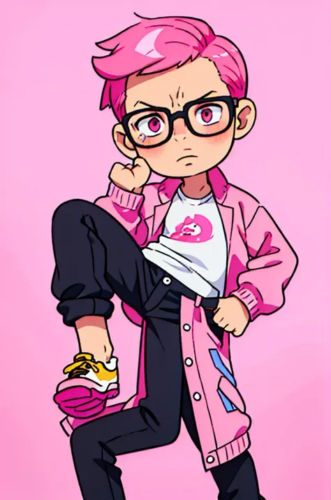 black pants, Sharp image, man, pink hair, wearing a pink jacket. , has a dull, bored face, wears round glasses, has short, neat hair,