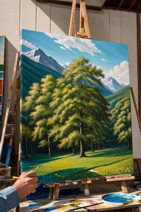 A painter working on new canvas inspired by nature