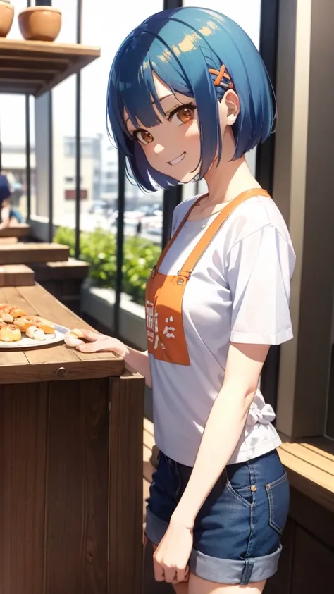 1 Girl、Anime Images、Cute Woman、shrimp、apron、Shiny light blue hair、Short Bob Hairstyles、Tie your hair with an orange hair clip、Beautiful brown eyes、Grin、From the side、Simple T-shirt、Shorts、A cafe terrace with sharp contours、Background Blur、Depth of the draw...