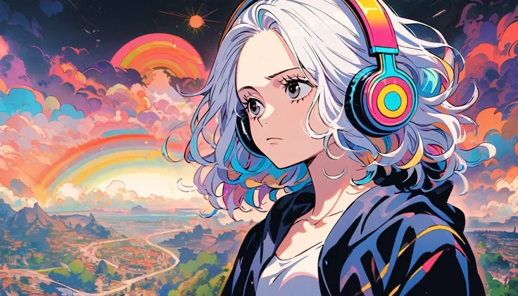 Handsome cute, Solitary, 1 female, Medium Length Hair, white hair, Rainbow hair, sleepy Eyes, Rainbow headphone, one piece, Futuristic, panoramic, background emotional, world, looking away, point to the umbrella and let the cat in,
