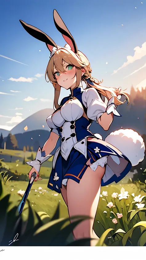 Rabbit Arturia&#39;s hairstyle, Costume Rabbit Artoria, One girl, Pectoral muscle, alone, Blonde, Green Eyes, French Braidings, Long Hair, Big ample breasts, Cleavage, ponytail, Side Lock, Bans, belly button, Looking up at the viewer, Bare shoulders, Braid...